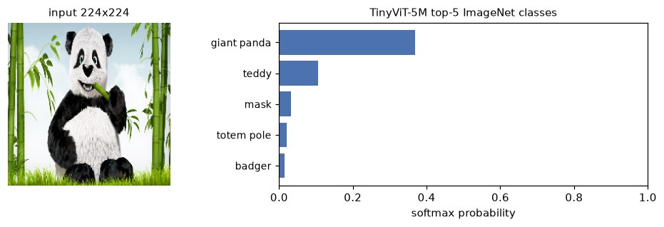 A panda photo next to a bar chart of the five most probable ImageNet classes, with giant panda first.